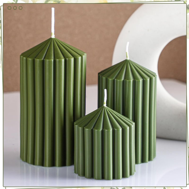 Conelist Set of 3 Ribbed Pillar Candles Soy Wax Scented Ribbed Candles Includes 2.8, 4.2 and 5.1 Inches Heights Romantic Decoration for Home Birthday Gift(Moss Green) - Image 3
